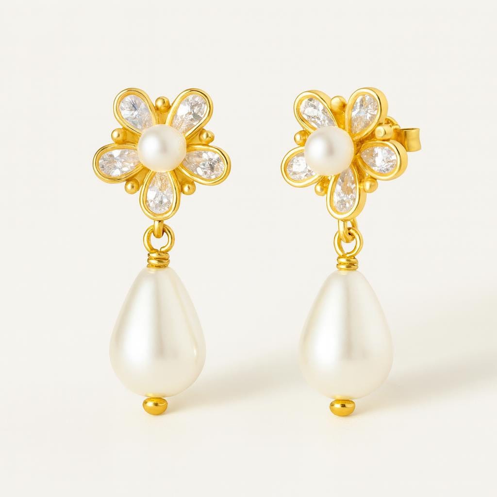  Boucle doreille perle blanche pendante